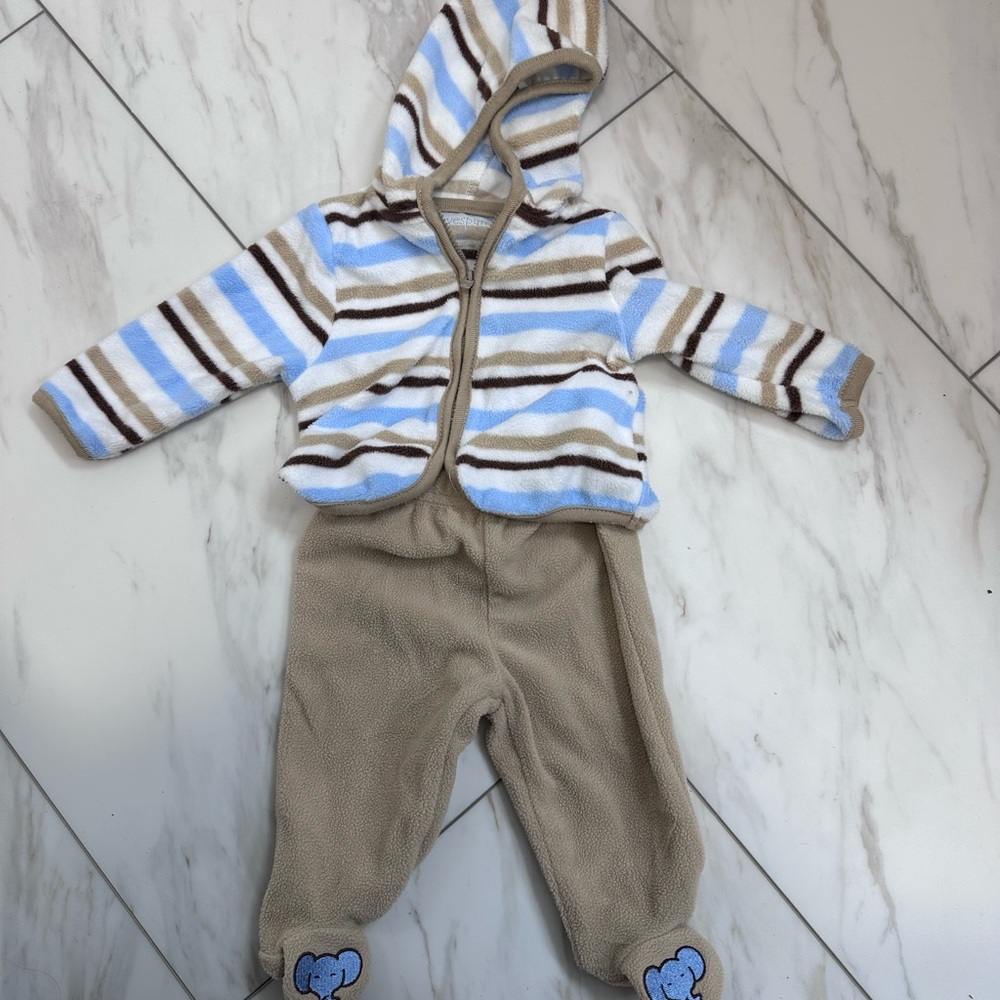 Striped Blue and Brown Hooded Baby One Piece